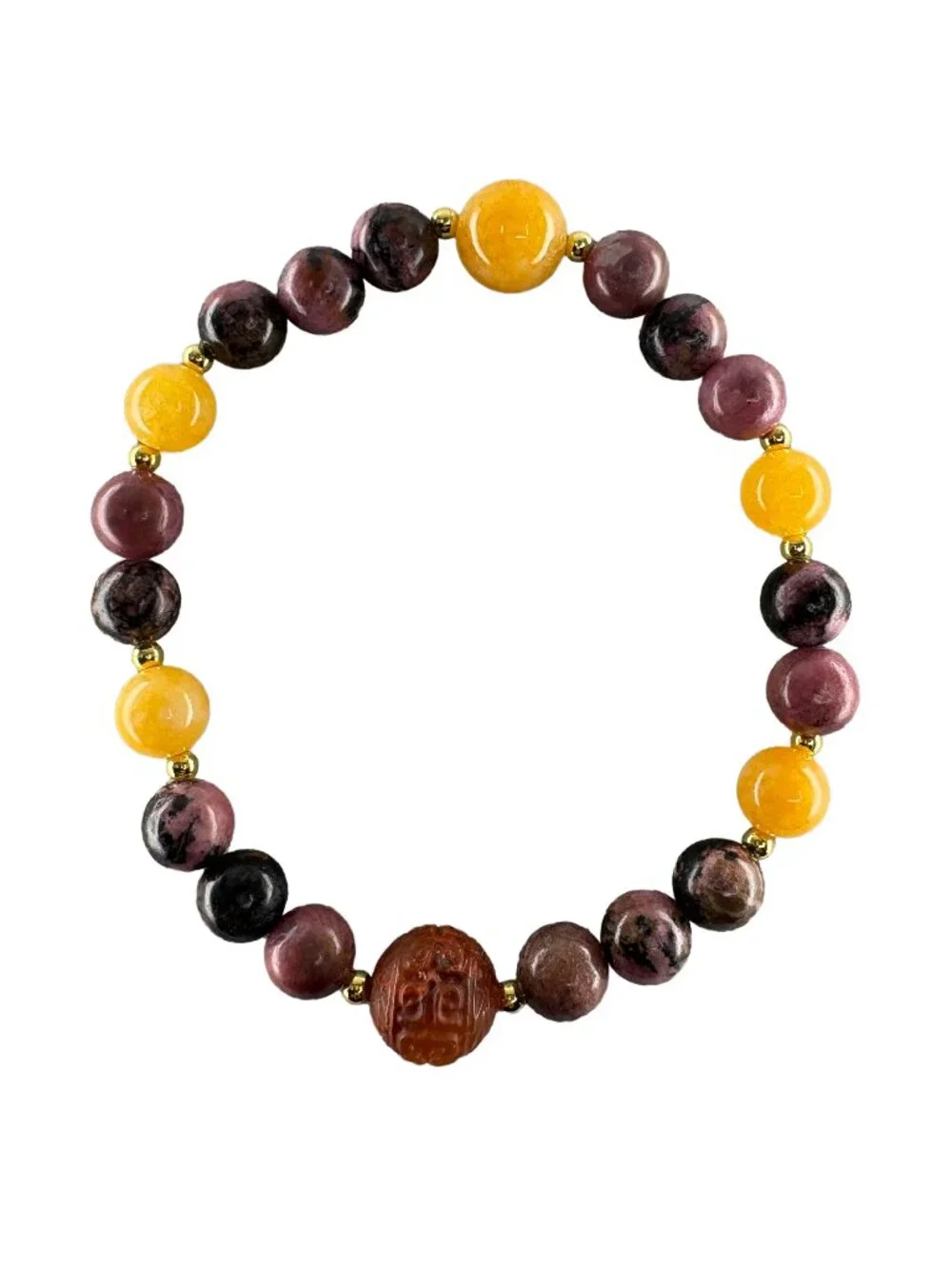 Carved Red Agate Rhodonite Yellow Jade Stretch Bracelet 18K Gold Filled 22.4g 7
